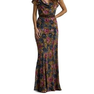 Lauren by Ralph Lauren Floral Foiled Jacquard Cowlneck Gown